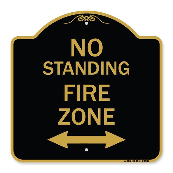 Signmission No Standing Fire Zone W/ Bidirectional Arrow, Black & Gold Aluminum Sign, 18" x 18", BG-1818-23587 A-DES-BG-1818-23587 - main